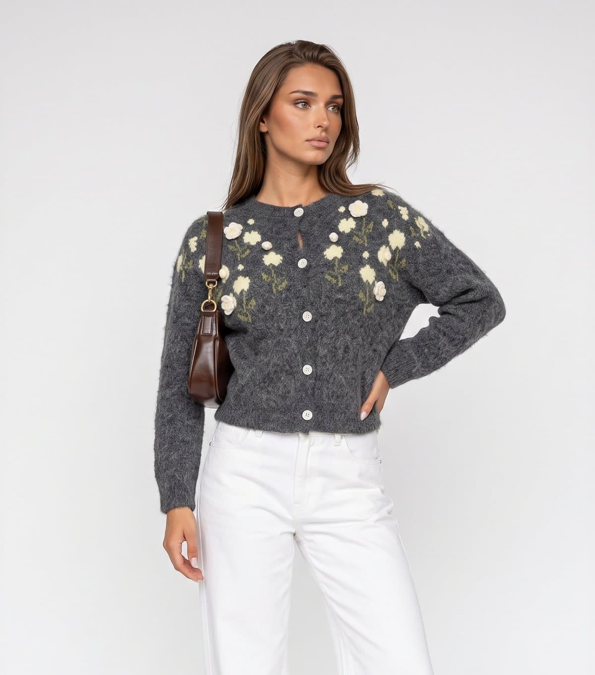 Urban Bliss Women's Dark Grey Flower Pattern Cardigan Urban Bliss New Look