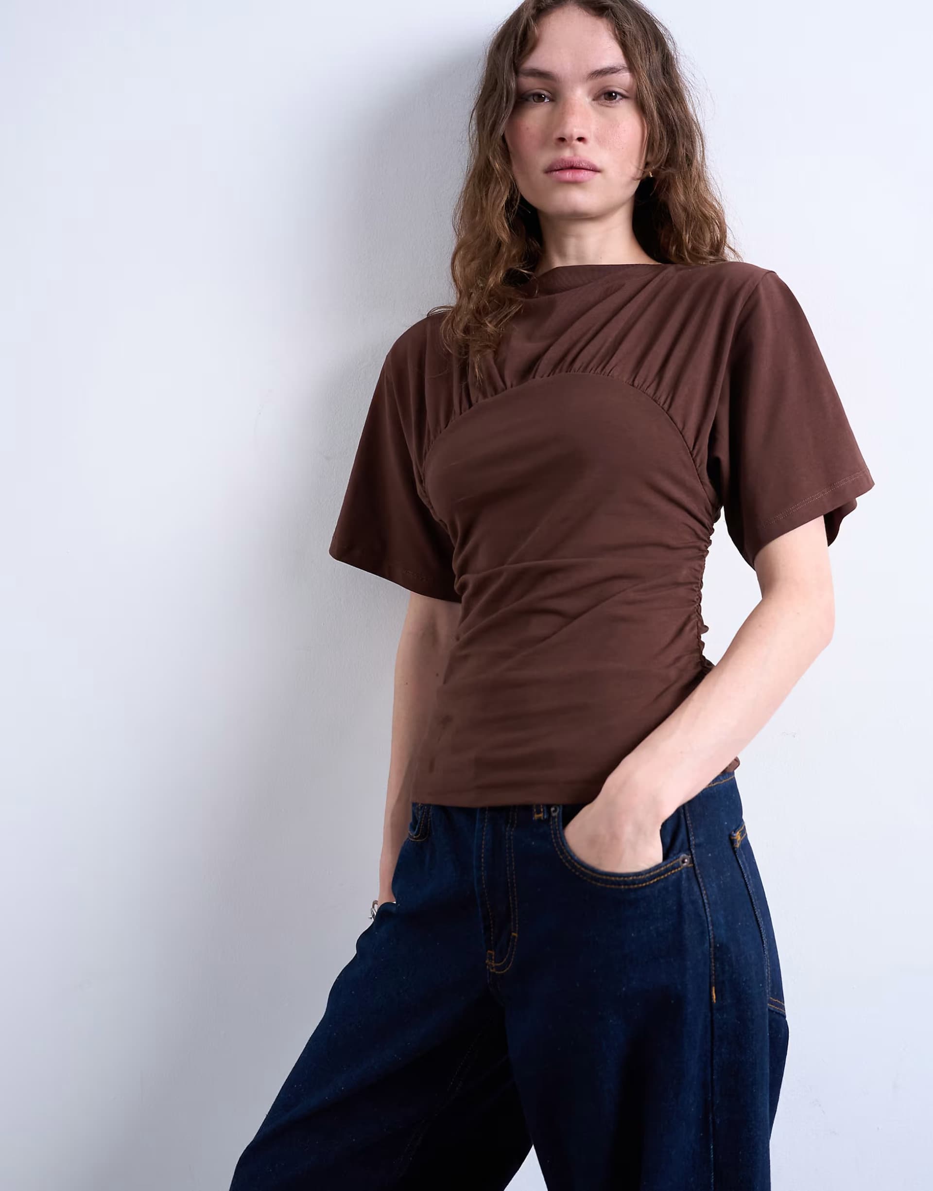 ASOS Topshop ruched detail short sleeve top in chocolate brown