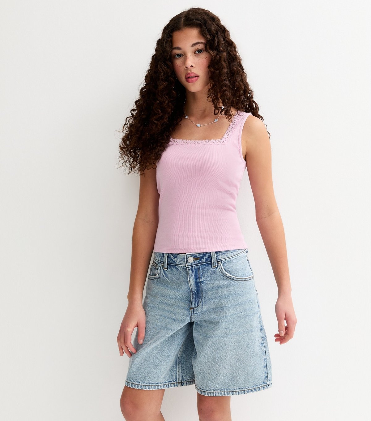 New Look Girls' Light Pink Lace Trim Square Neck Vest Top New Look - 2