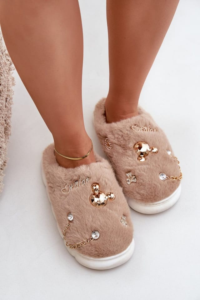 Love Lace Love Lace Women's Stylish Fur Slippers with Trendy Embellishments for Comfort in Beige - 3