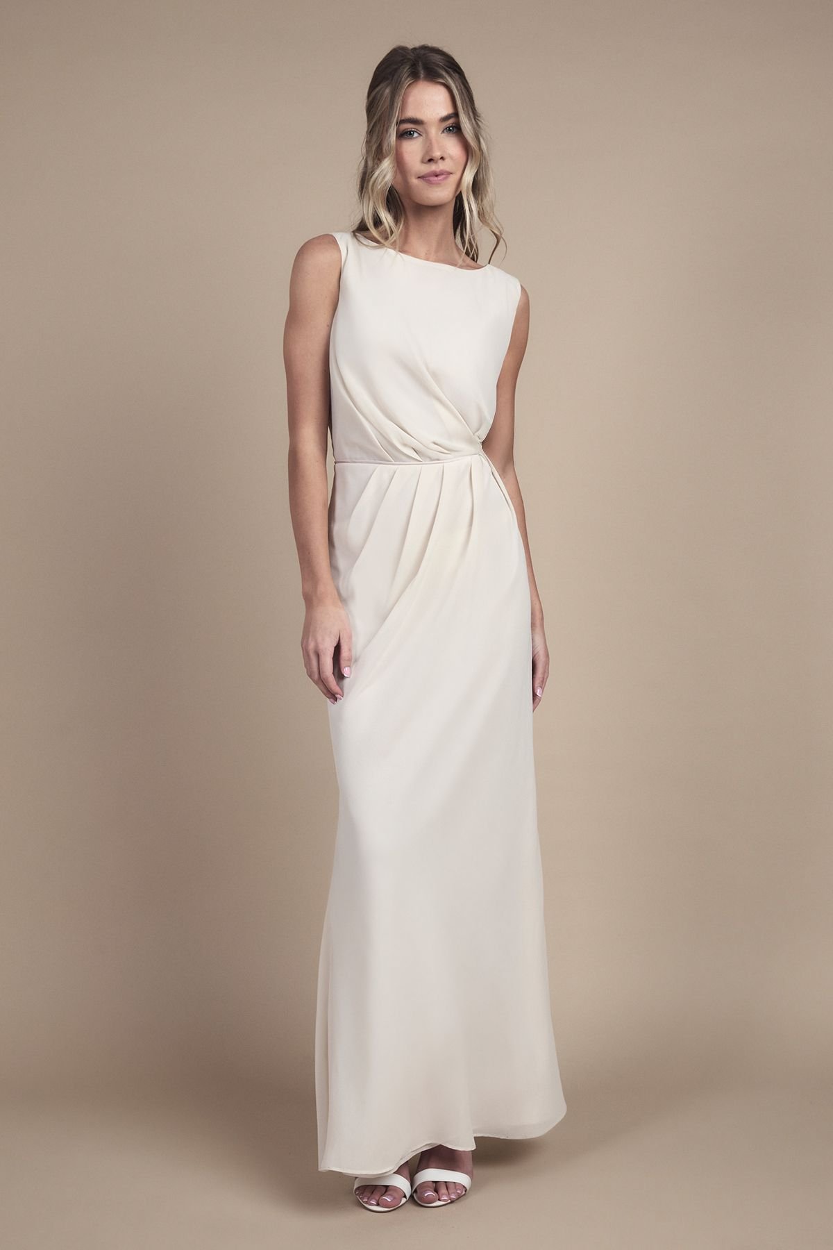 Coast Coast Women's Teen Bridesmaid Ruched Detail Satin Maxi Bridesmaid Dress in Champagne - 4