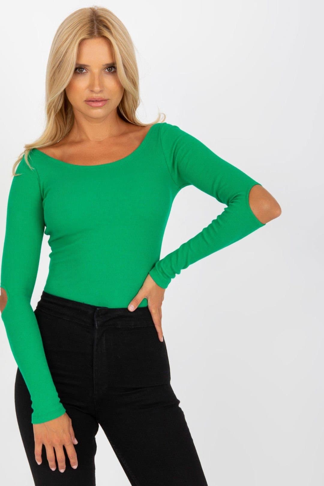 Love Lace Love Lace Women's Long Sleeve Boat Neck Blouse With Back Cutout in Green