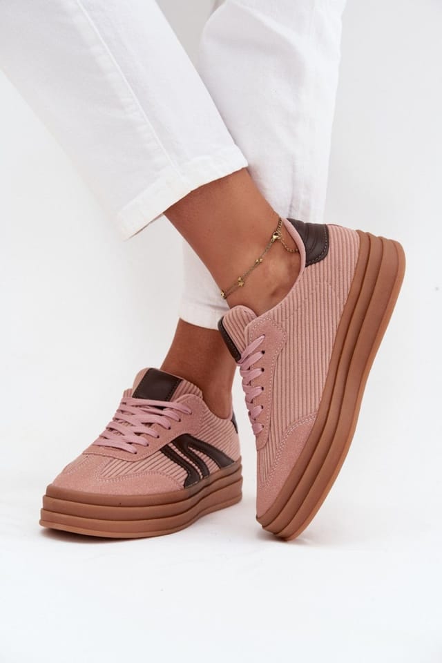 Love Lace Love Lace Women's Corduroy Sneakers on Stable Platform with Foam Insole in Pink - 3