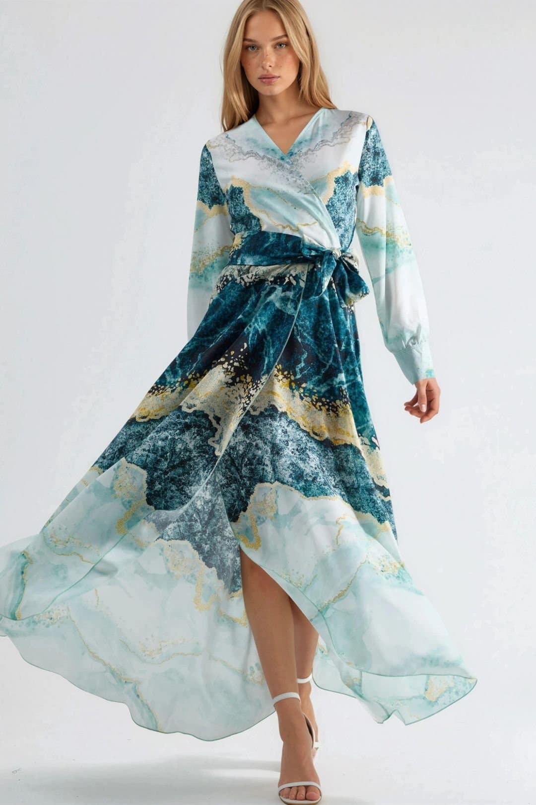 MSN Collection MSN Collection Women's Abstract Print Long Sleeve Maxi Dress with Tie Detail