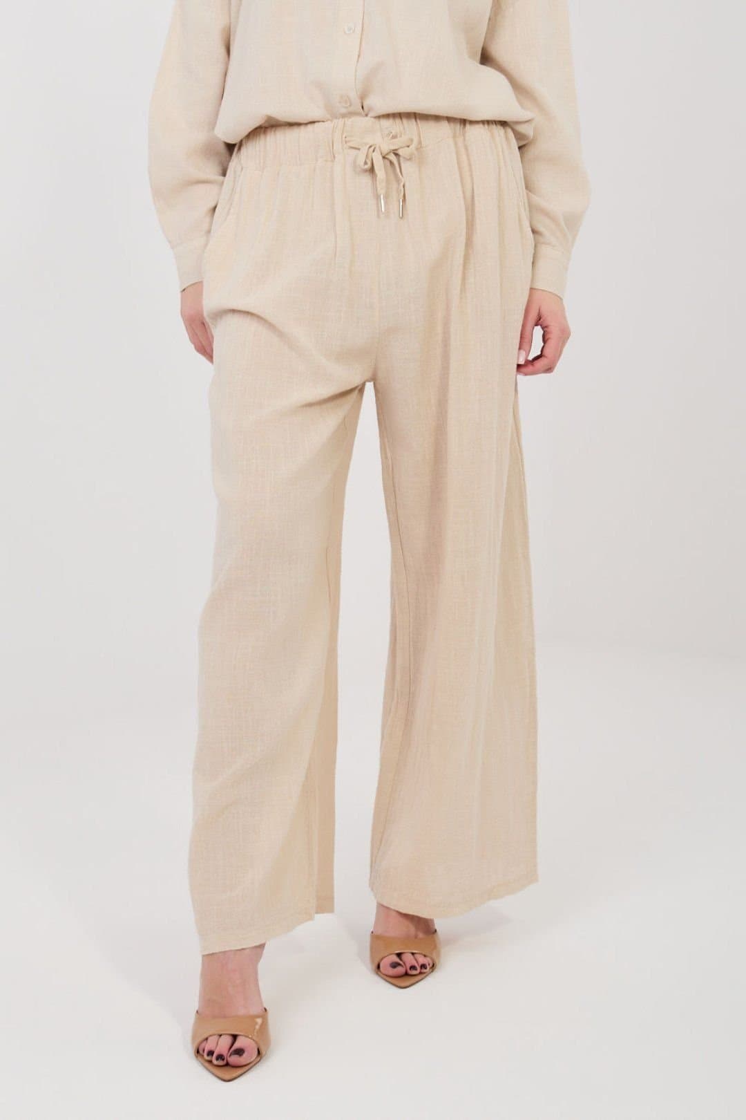 Love Lace Love Lace Women's High Waist Cotton Tie Wide Leg Trousers in Beige