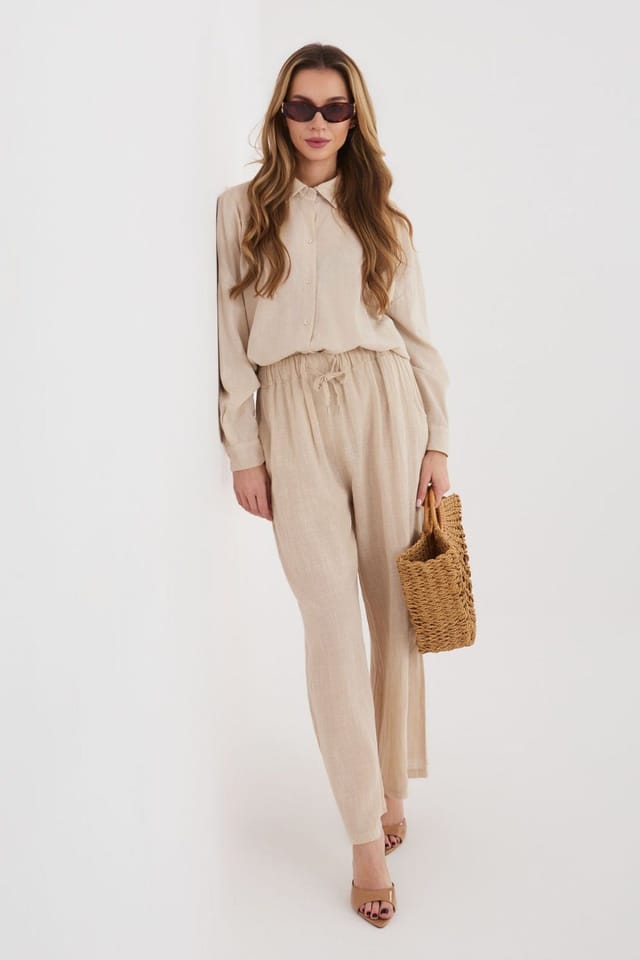 Love Lace Love Lace Women's High Waist Cotton Tie Wide Leg Trousers in Beige - 2