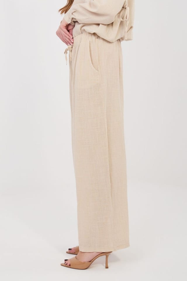 Love Lace Love Lace Women's High Waist Cotton Tie Wide Leg Trousers in Beige - 3