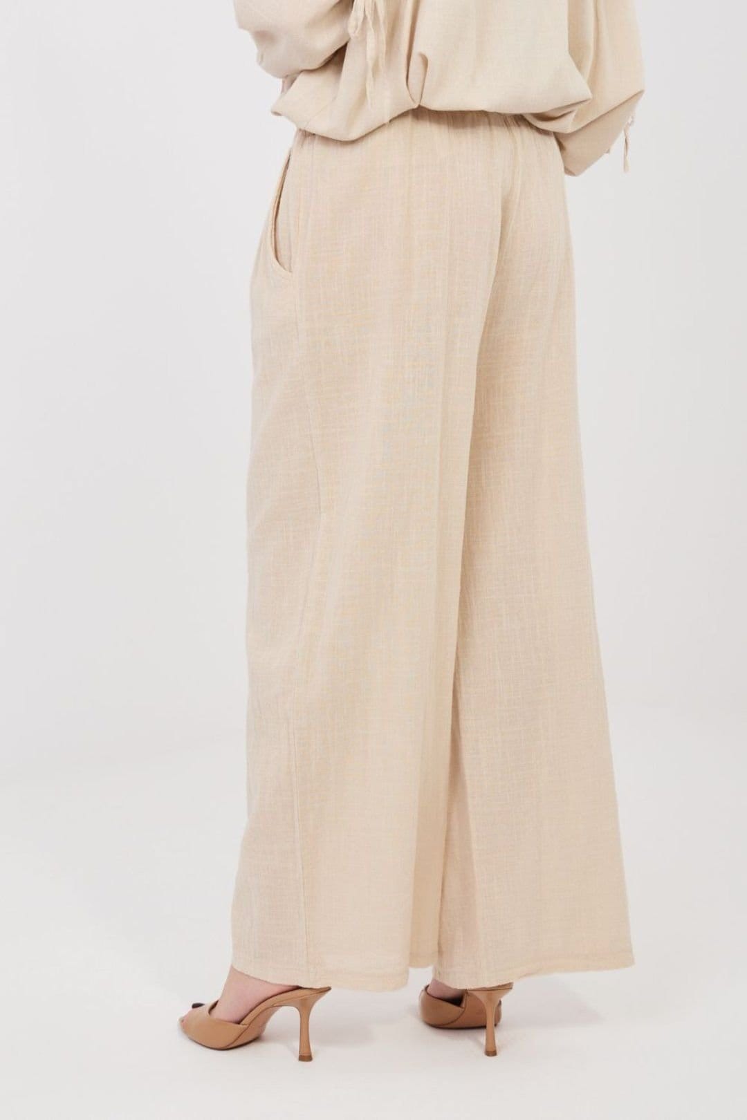 Love Lace Love Lace Women's High Waist Cotton Tie Wide Leg Trousers in Beige - 4