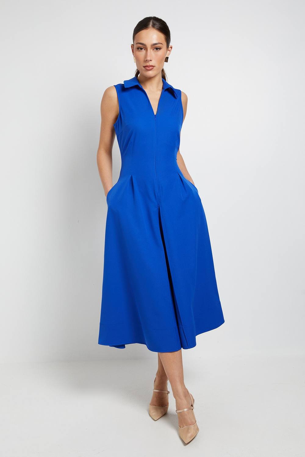 Principles Principles Women's Collared Sleeveless Zip Midi Dress in Blue - 2