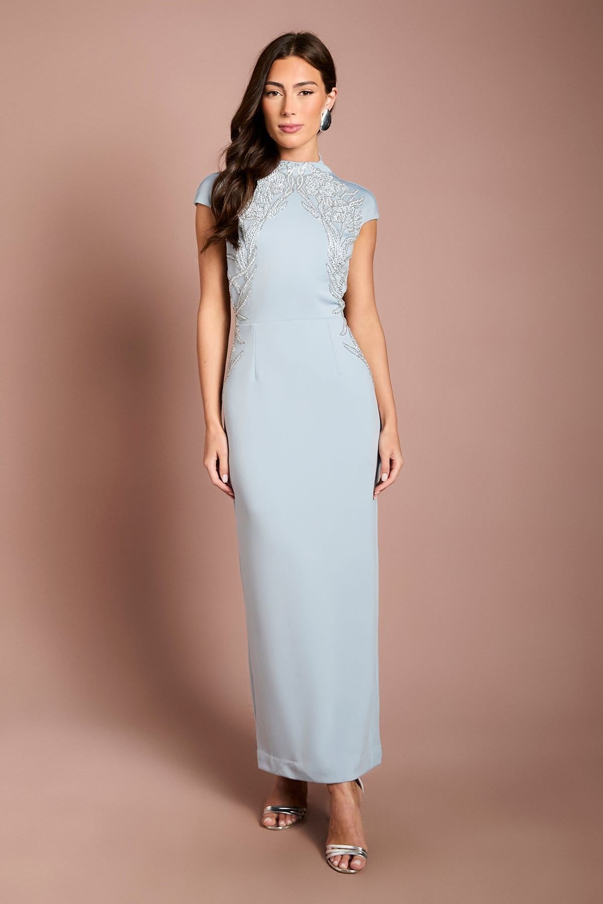 Coast Light Blue Ponte Jersey Maxi Dress with Pearl Embellishment