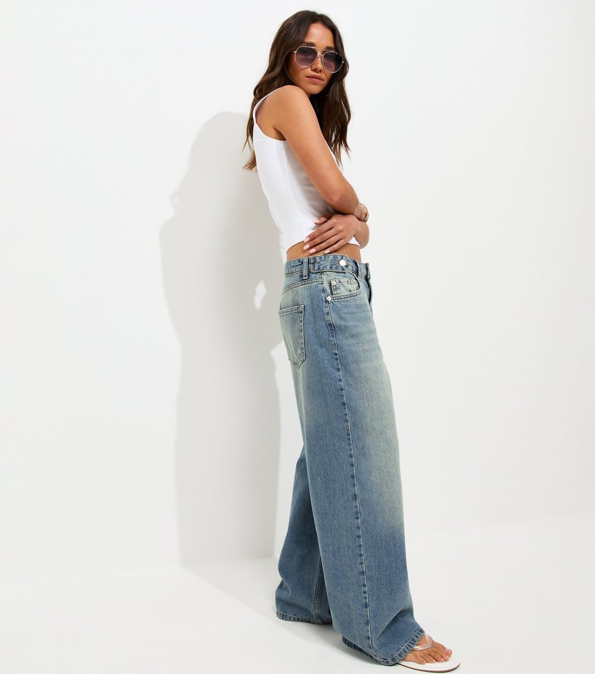 New Look Women's Blue Distressed Wash Wide Leg Jeans New Look