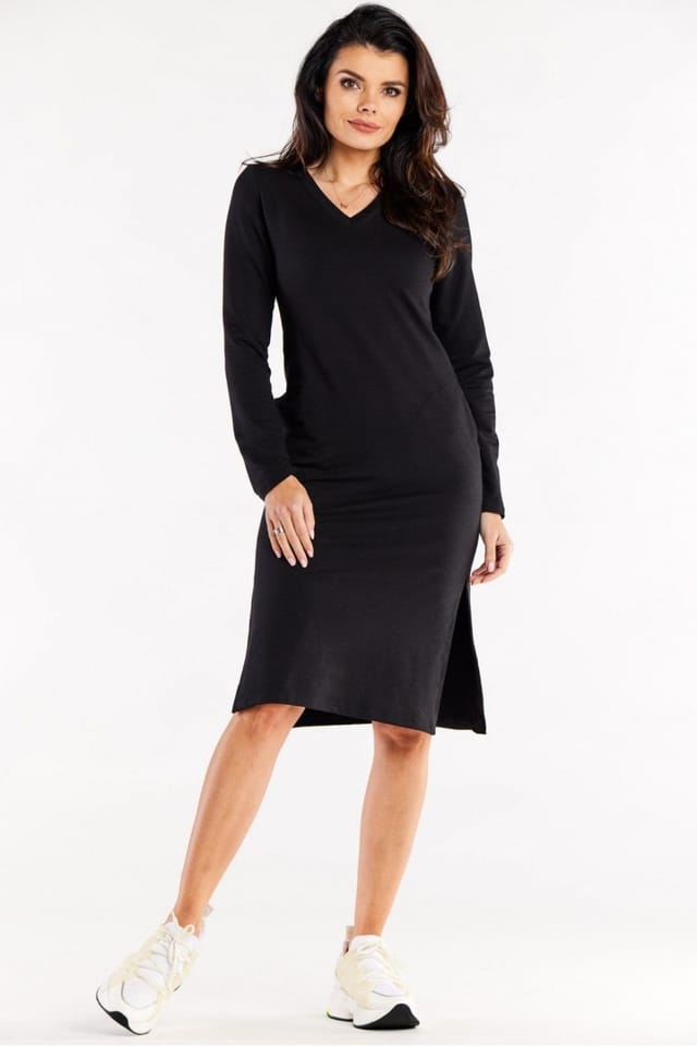 Love Lace Love Lace Women's Heart Neck Fitted Long Sleeve Slit Dress Pockets in Black - 2