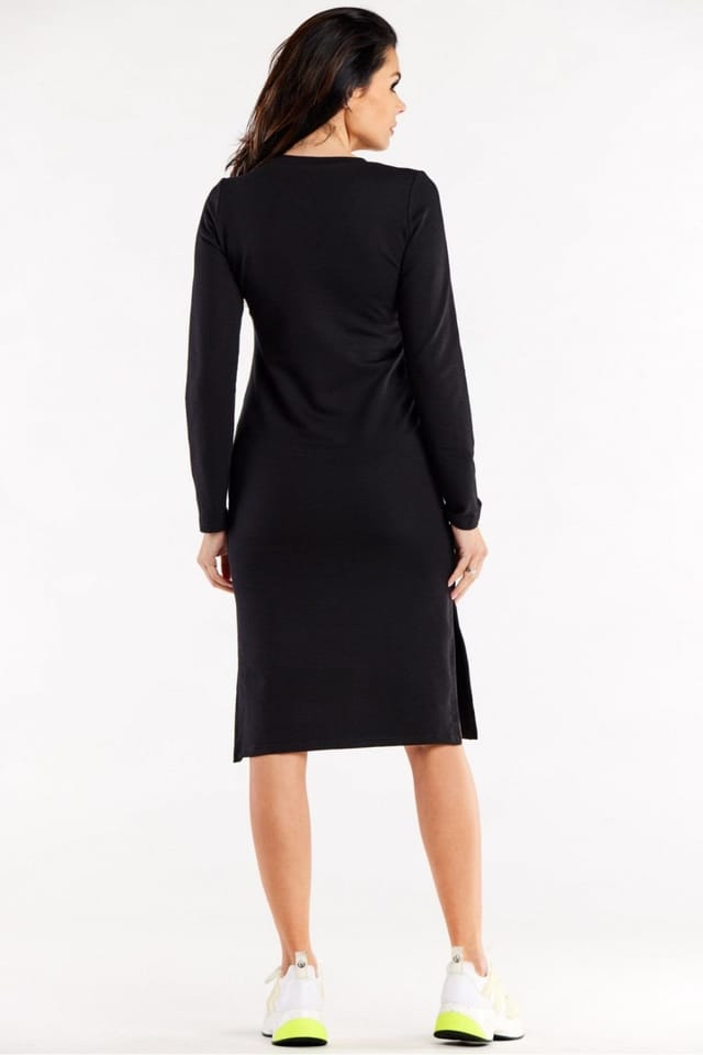 Love Lace Love Lace Women's Heart Neck Fitted Long Sleeve Slit Dress Pockets in Black - 3