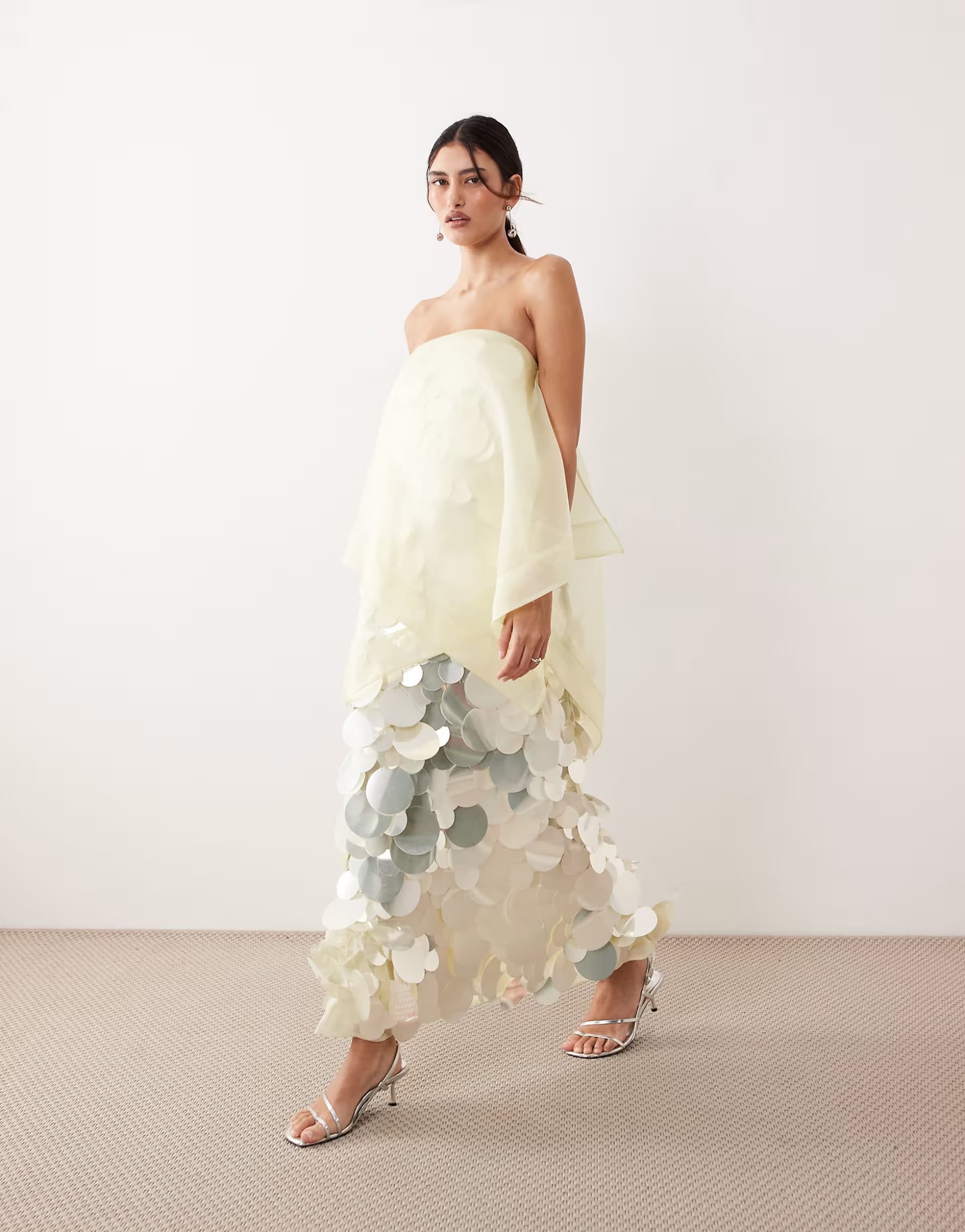 ASOS ARRANGE embellished sequin bandeau maxi dress with overlayer in buttermilk