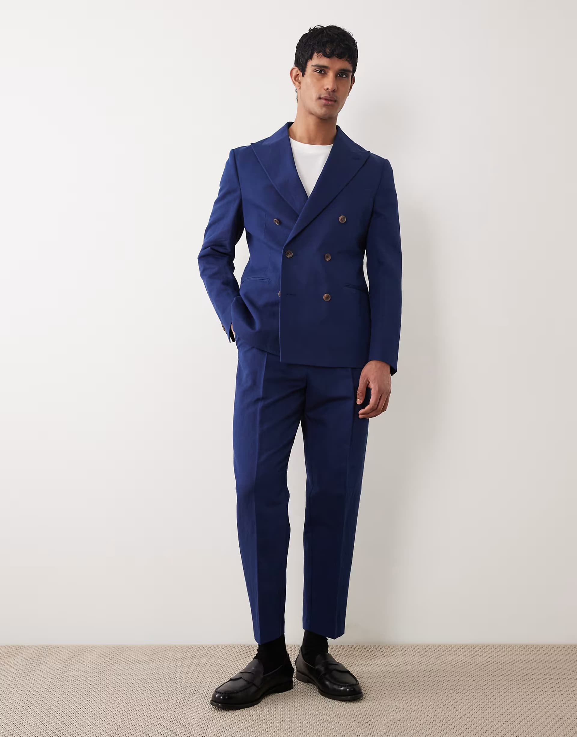 ASOS ASOS DESIGN relaxed tapered linen rich suit trousers in navy