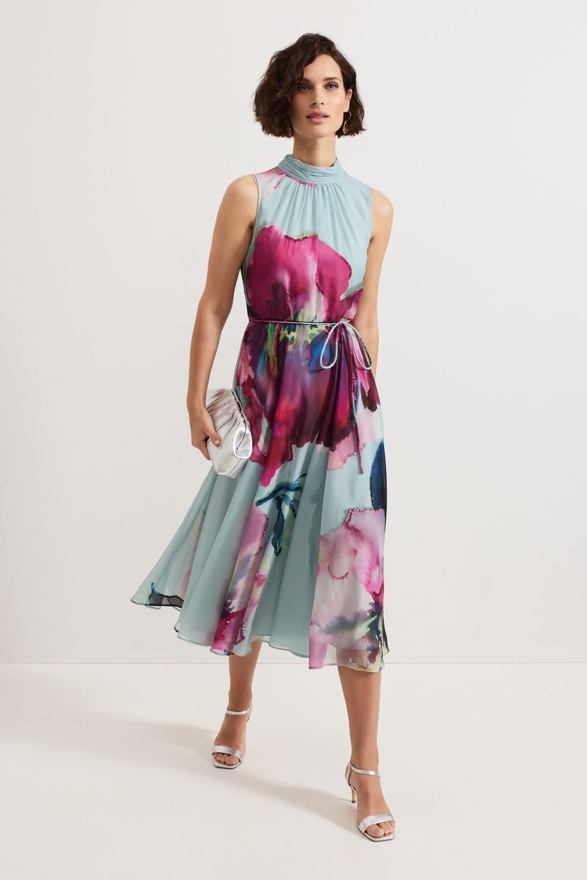 Phase Eight Phase Eight Women's Tahnia High-Neck Floral Print Midi Dress in Aqua