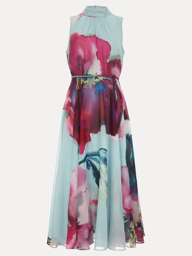 Phase Eight Phase Eight Women's Tahnia High-Neck Floral Print Midi Dress in Aqua - 2