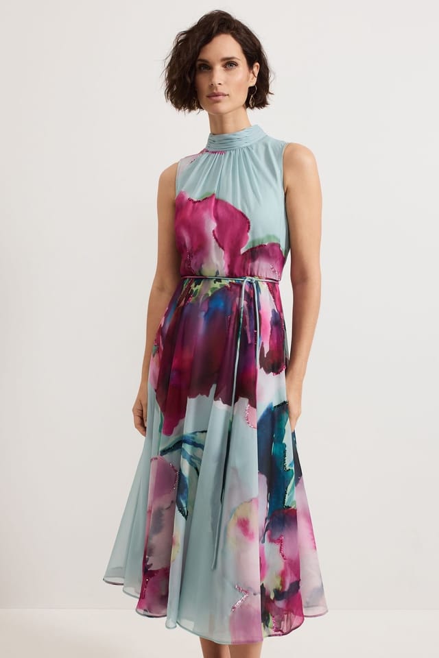 Phase Eight Phase Eight Women's Tahnia High-Neck Floral Print Midi Dress in Aqua - 3