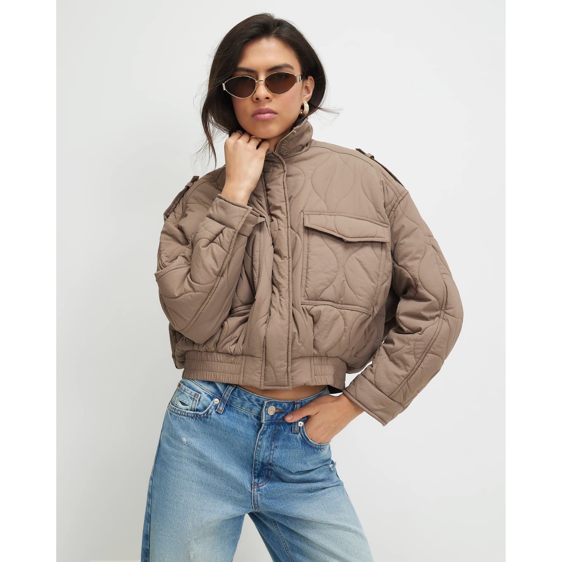 River Island River Island Womens Beige Quilted Bomber Jacket