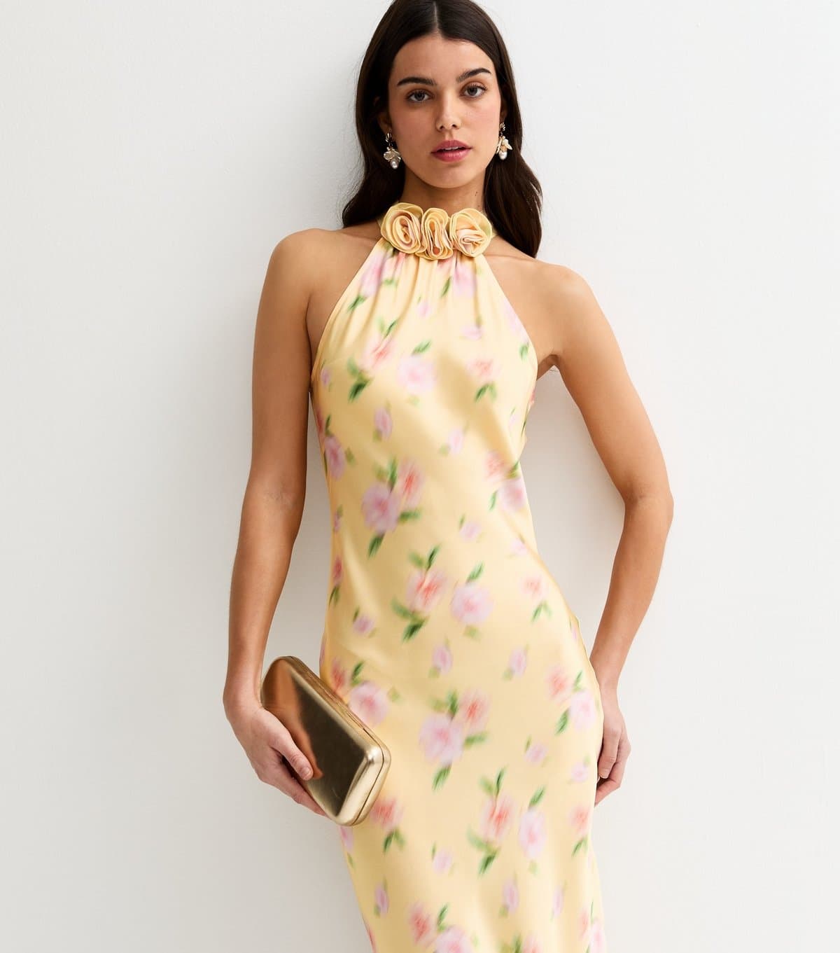 New Look Women's Yellow Blurred Floral Halter Neck Midi Dress New Look