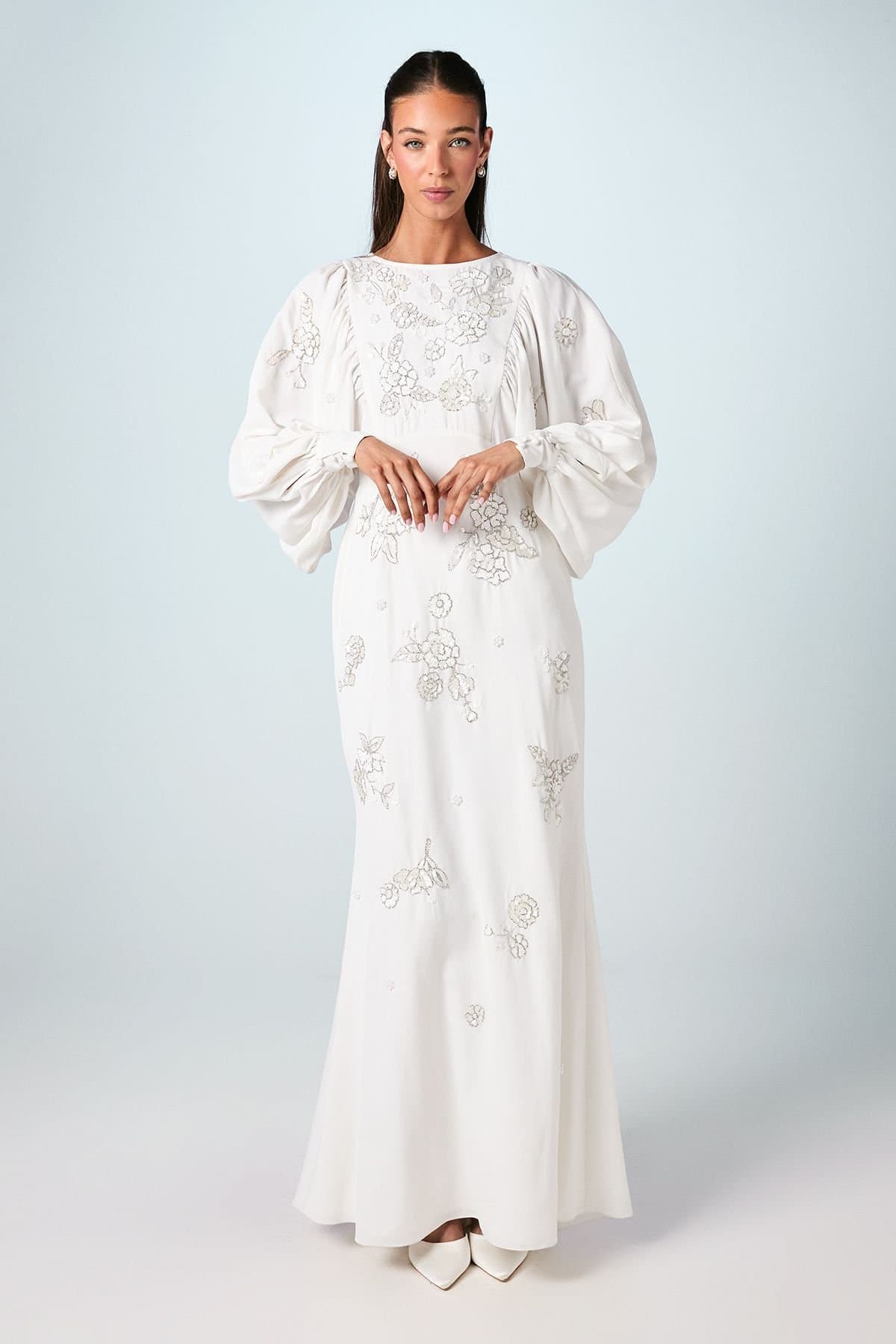Coast Coast Women's Premium Beaded Floral Embellished Long Sleeve Wedding Dress in Ivory