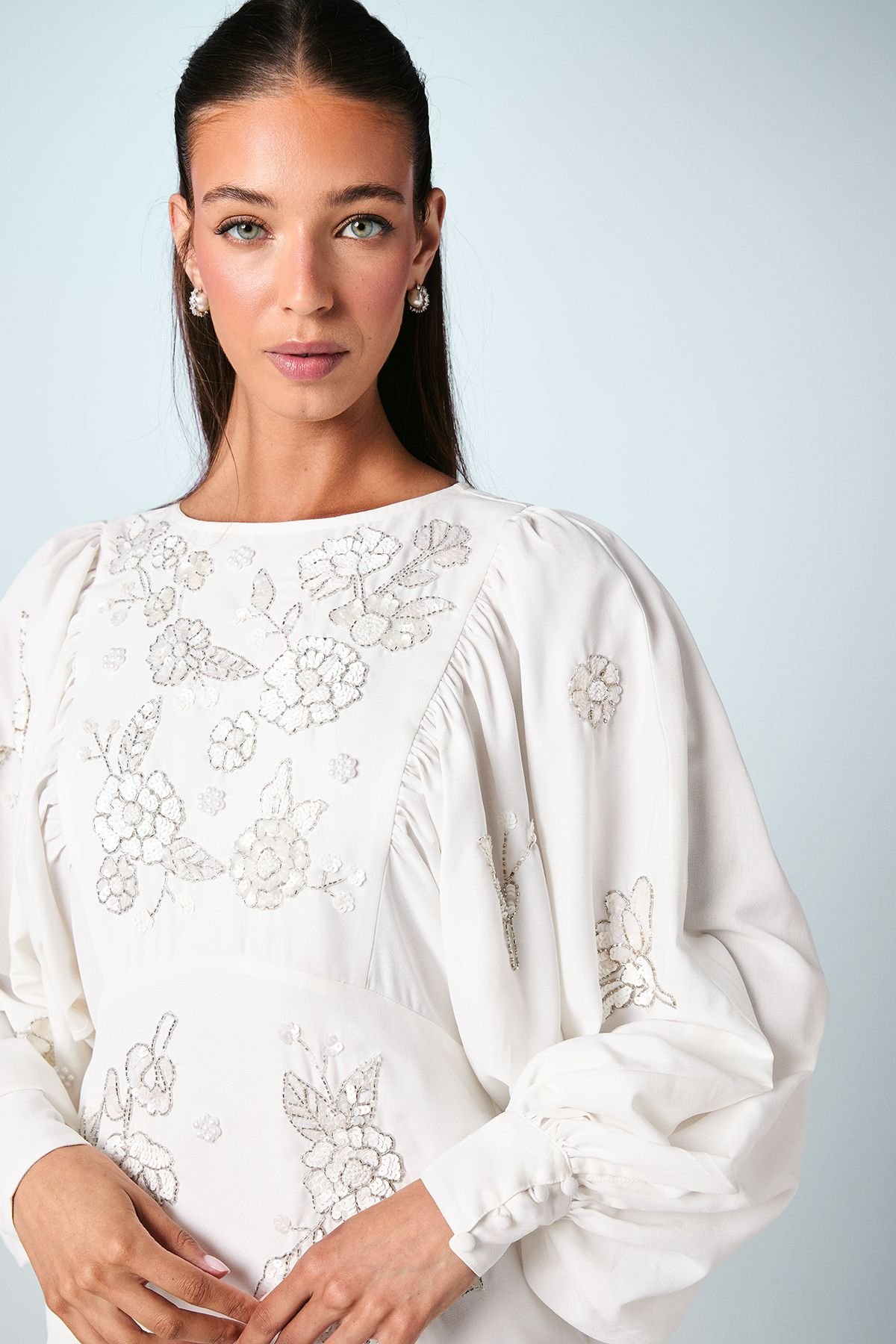 Coast Coast Women's Premium Beaded Floral Embellished Long Sleeve Wedding Dress in Ivory - 4