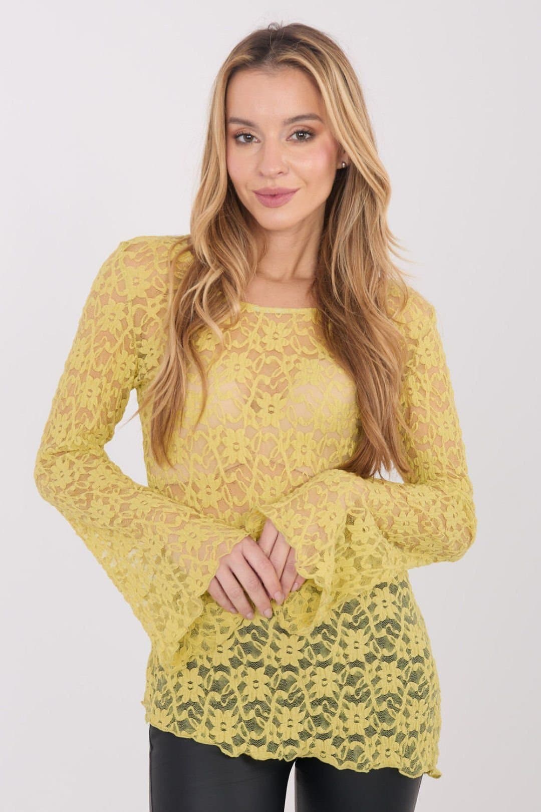 Love Lace Love Lace Women's Elegant Lace Bell Sleeve Blouse with Round Neck in Green
