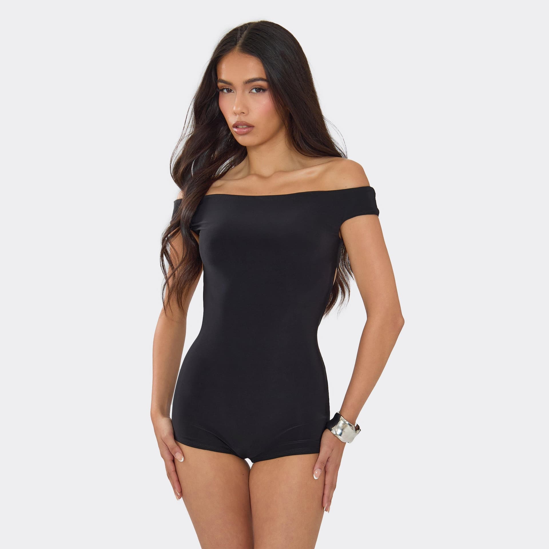 EGO Bardot Open Back Micro Playsuit In Black., Women's Size UK 6