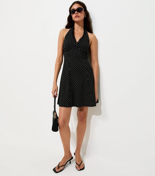 New Look Women's Black Crinkle Texture Spot Print Halter V-Neck Lace Trim Mini Dress New Look - 3