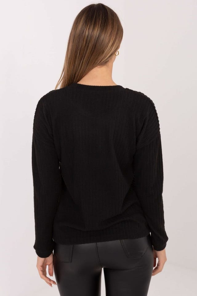 Love Lace Love Lace Women's Cotton Elastane Ribbed Patch Round Neck Sweater in Black - 3
