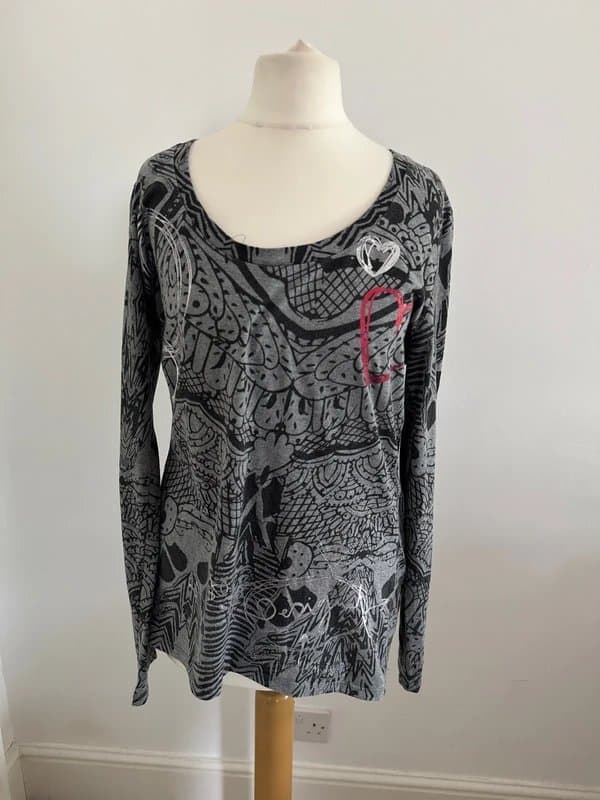 Desigual Desigual Grey Black Abstract Graphic Long Sleeve Top – Best Fit UK 12