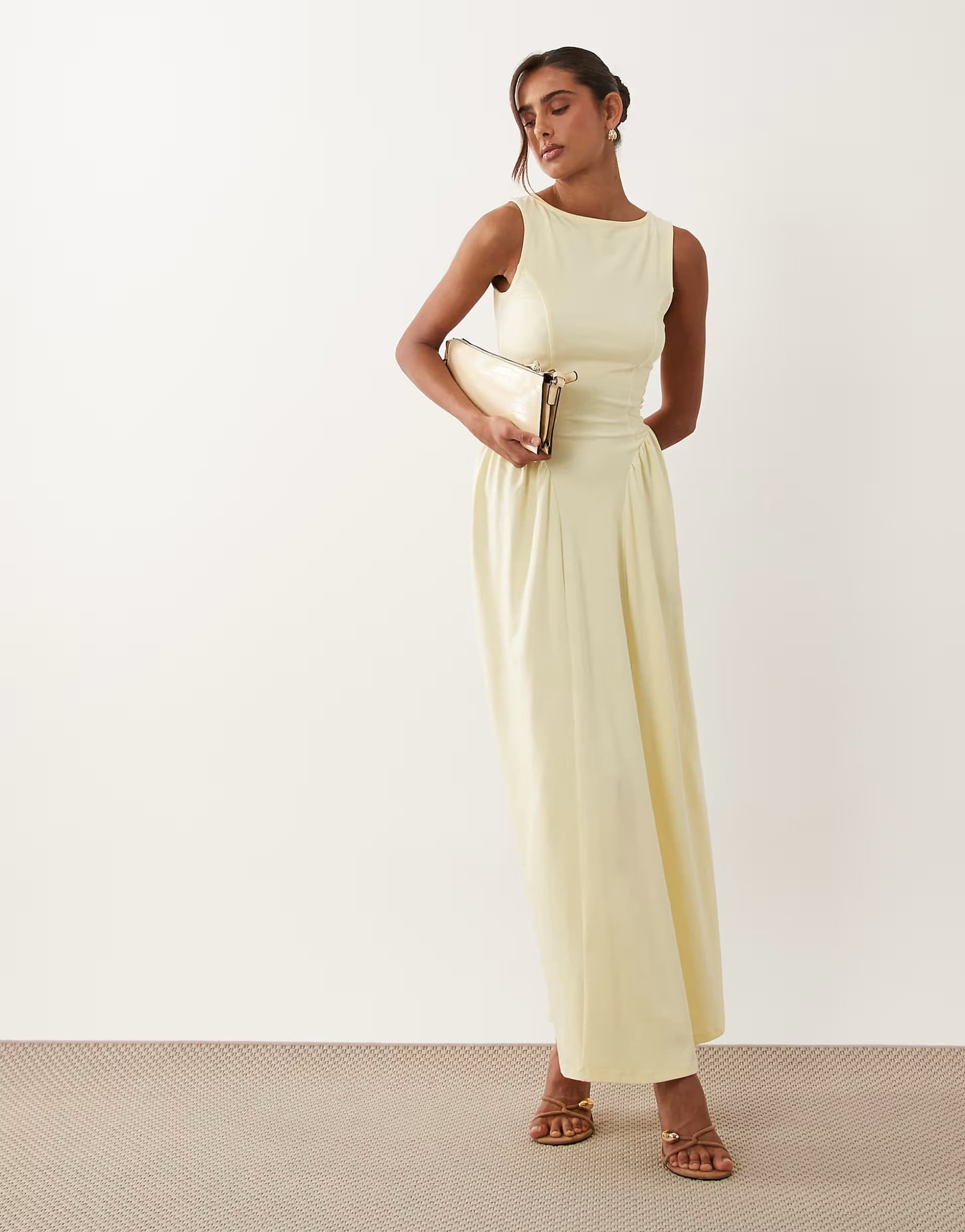 ASOS ASOS DESIGN boat neck waist detail midi dress in yellow