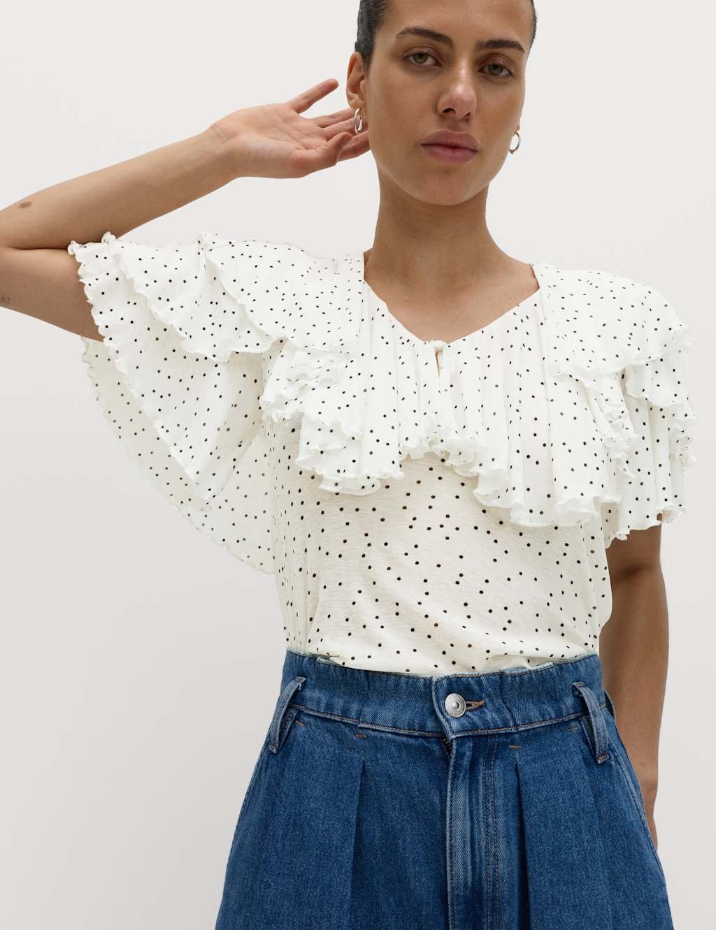 Marks & Spencer M&S Polka Dot Ruffle V-Neck Top White Mix - 2
