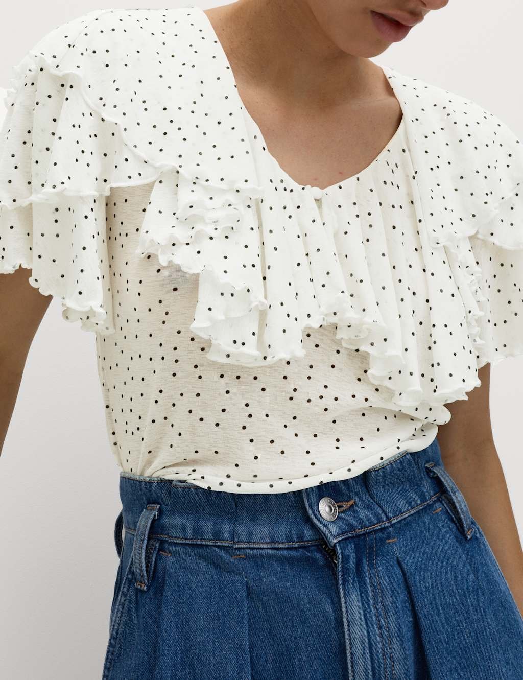 Marks & Spencer M&S Polka Dot Ruffle V-Neck Top White Mix - 3
