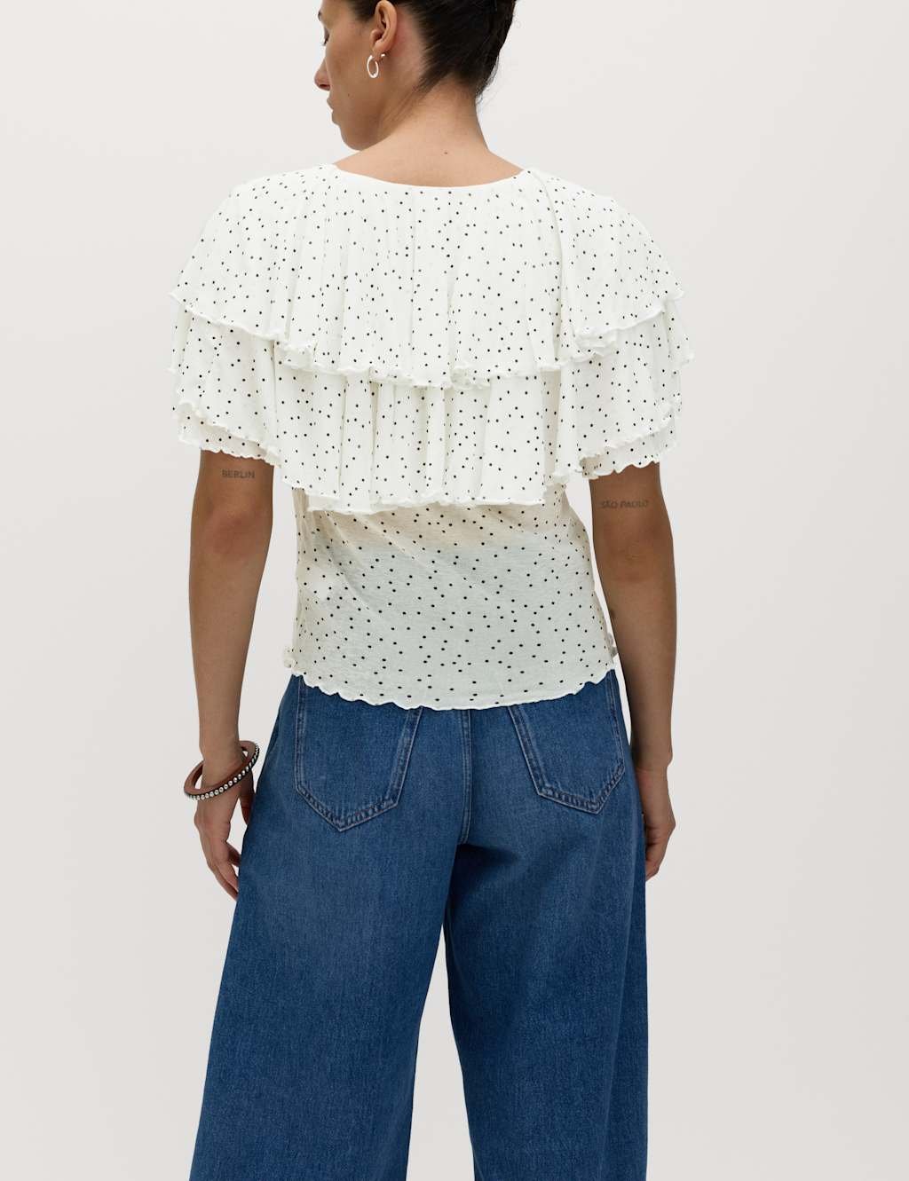 Marks & Spencer M&S Polka Dot Ruffle V-Neck Top White Mix - 4