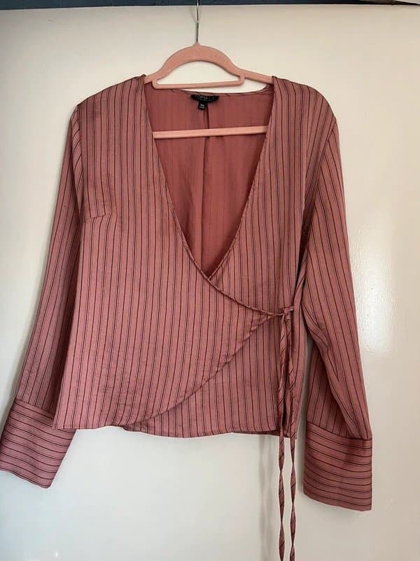 Topshop Topshop pink and black pinstripe satin wrap top size 12