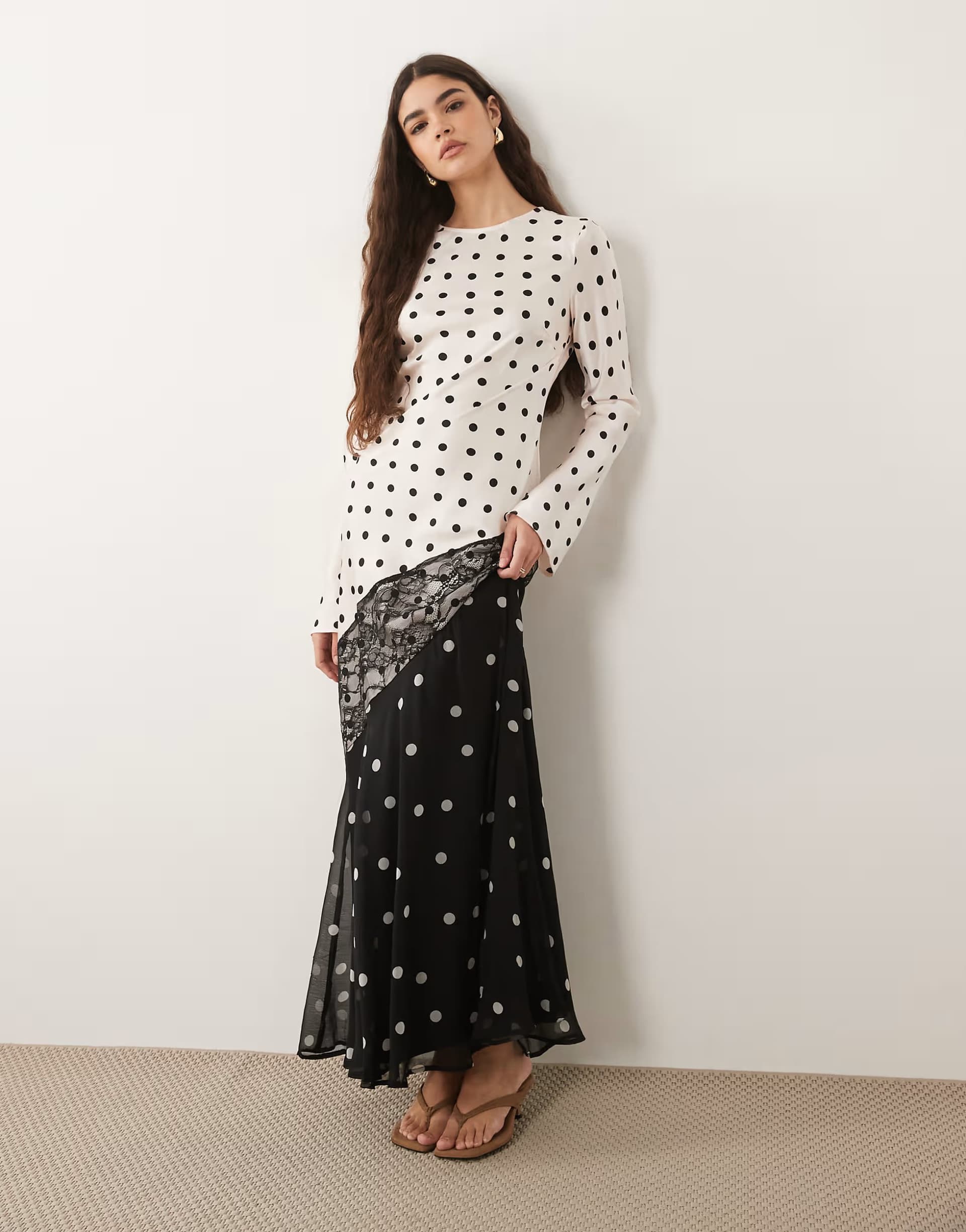 ASOS ASOS DESIGN satin maxi dress with lace trim in mono polka dot