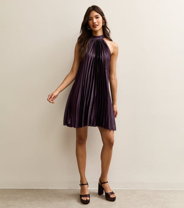 New Look Women's Dark Burgundy Pleated Halterneck Mini Dress New Look - 3