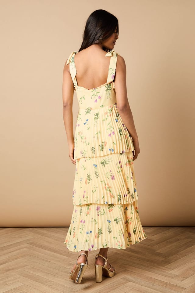 Oasis Oasis Women's Petite Floral Pleated Tie Shoulder Midi Dress in Lemon - 3