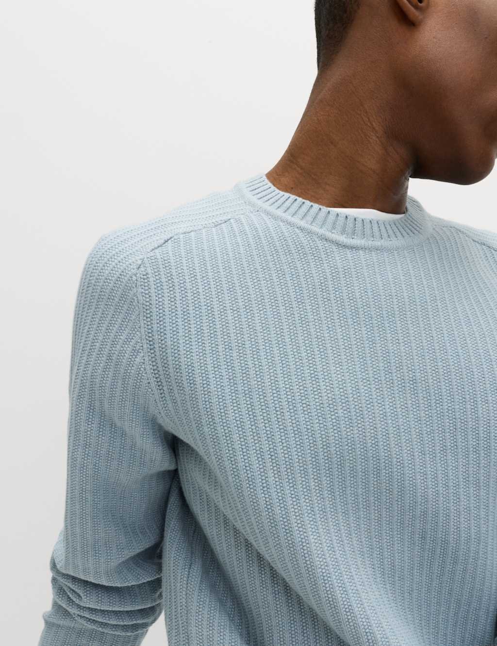 Marks & Spencer M&S Cotton Blend Textured Crew Neck Jumper Soft Blue - 3