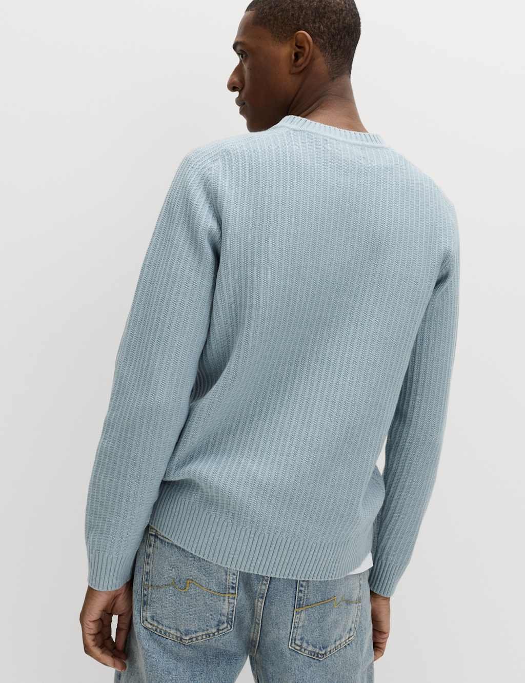 Marks & Spencer M&S Cotton Blend Textured Crew Neck Jumper Soft Blue - 4