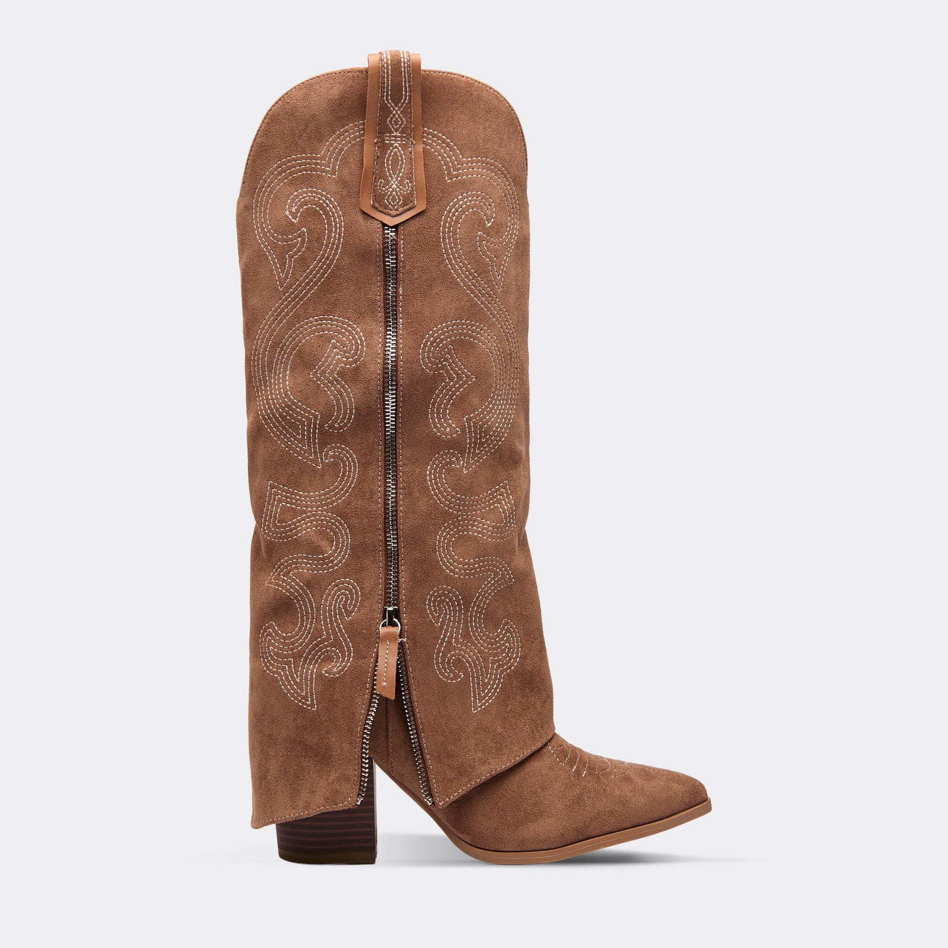 EGO Trixie Side Zip Embroidered Detail Knee High Western Cowboy Boot In Tan Brown Faux Suede, Women's Size UK 3