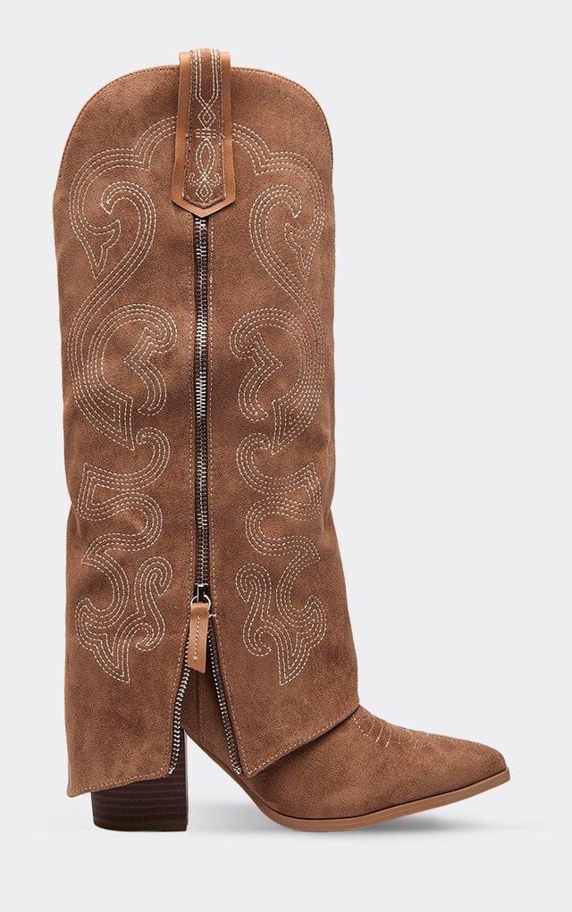 EGO Trixie Side Zip Embroidered Detail Knee High Western Cowboy Boot In Tan Brown Faux Suede, Women's Size UK 3 - 2