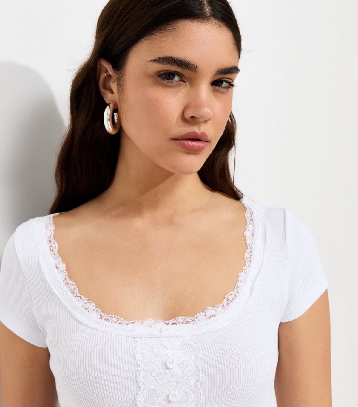 New Look Women's White Cotton-Rich Rib Lace Trim Henley T-Shirt New Look