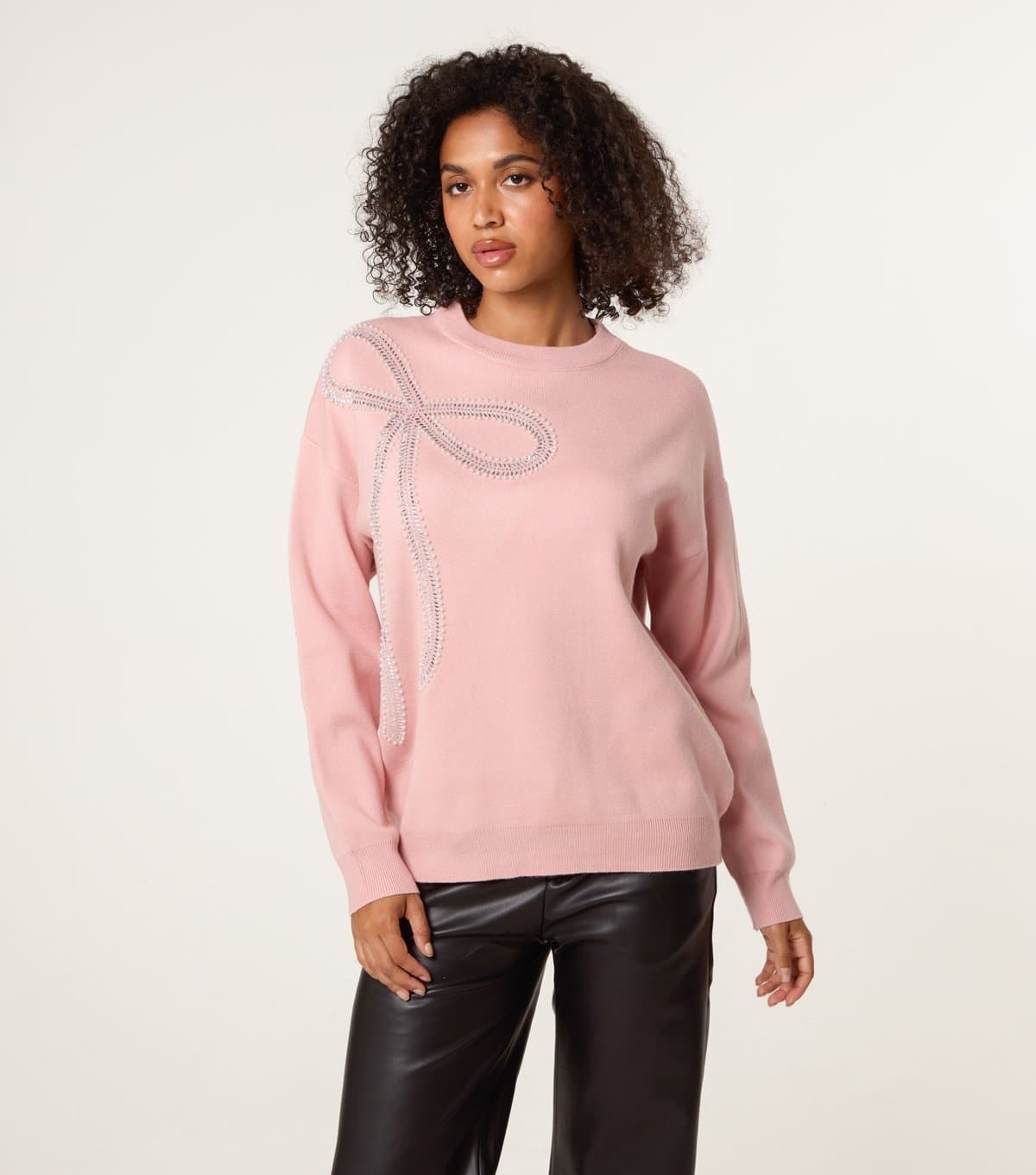 Blue Vanilla Women's Pink Bow Embellished Knitted Jumper Blue Vanilla New Look