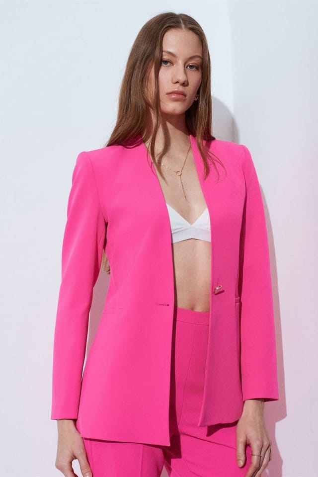 Dilvin Dilvin Women's Women's Slim Fit Crepe Blazer Jacket in Bright Pink - 2