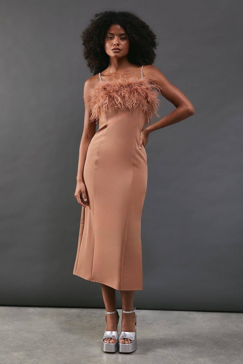 Warehouse Warehouse Women's Feather Detail Diamante Strap Bandeau Midi Dress in Tan