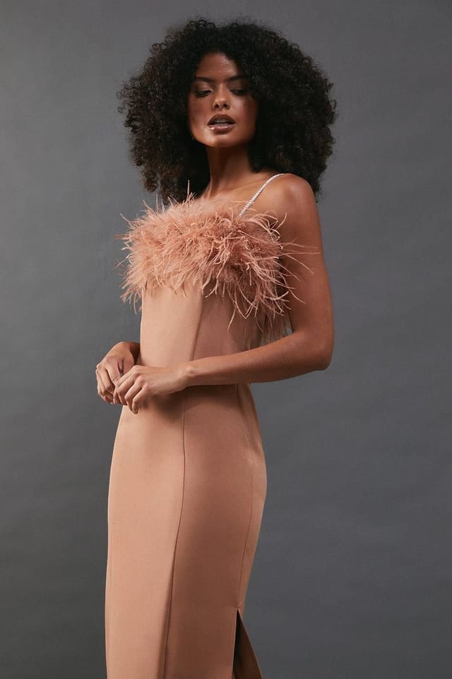 Warehouse Warehouse Women's Feather Detail Diamante Strap Bandeau Midi Dress in Tan - 2