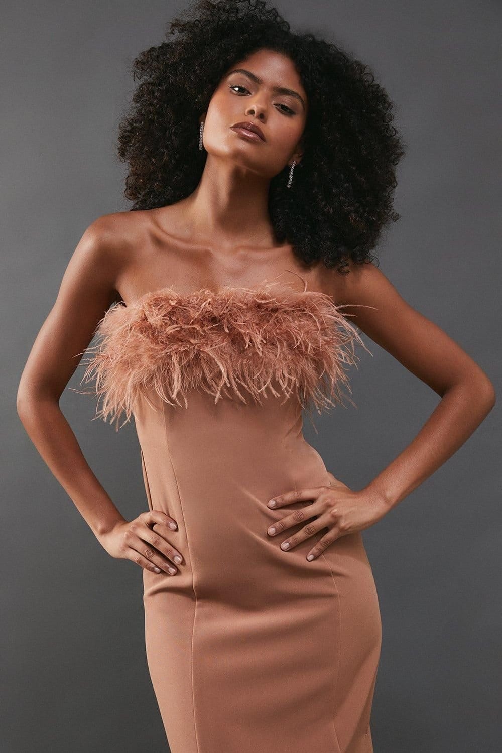Warehouse Warehouse Women's Feather Detail Diamante Strap Bandeau Midi Dress in Tan - 4