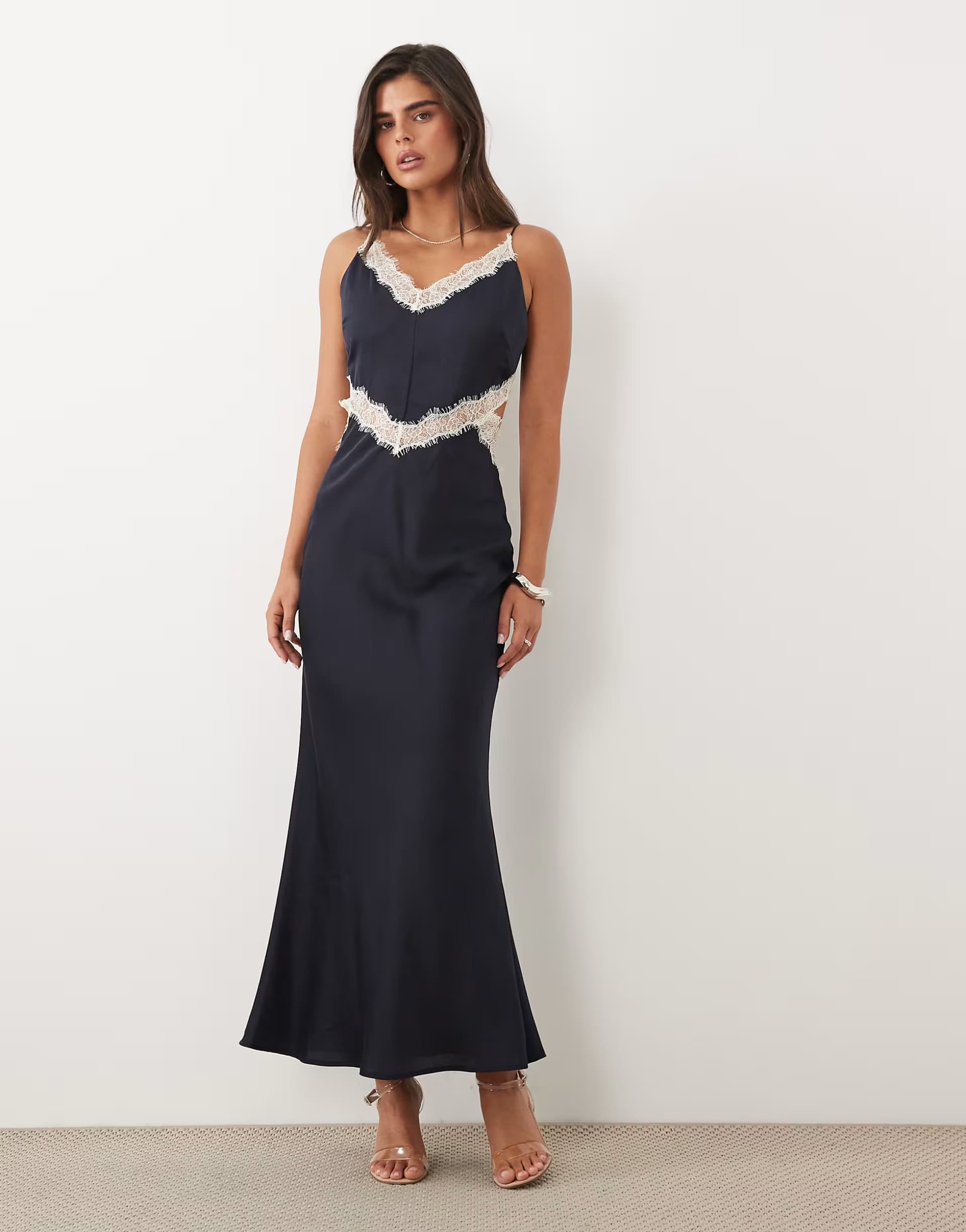 ASOS ASOS DESIGN lace trim cut out bias cami maxi dress in navy blue